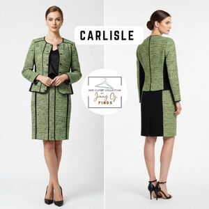 Carlisle Colorblock Lime & Black Boucle Tweed Zip Snap Jacket Suit Skirt Set S10
